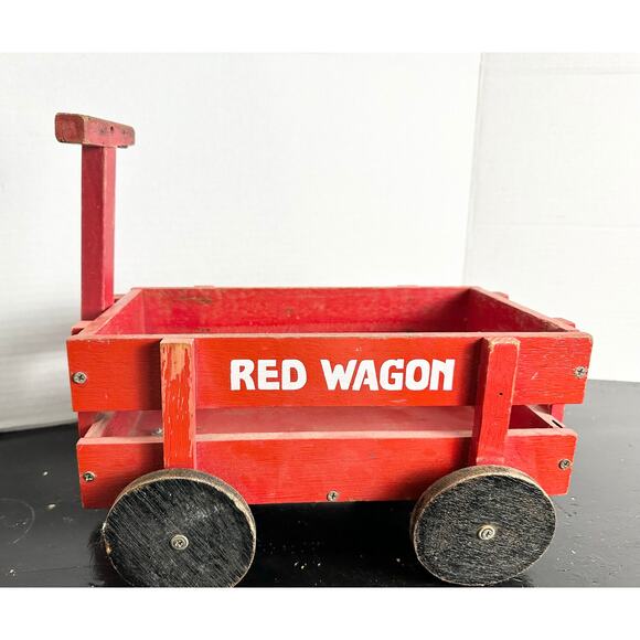 Antique Wooden Wagon Childrens Pull Toy, RED WAGON About 14"x11" Baby Decor - Picture 7 of 10